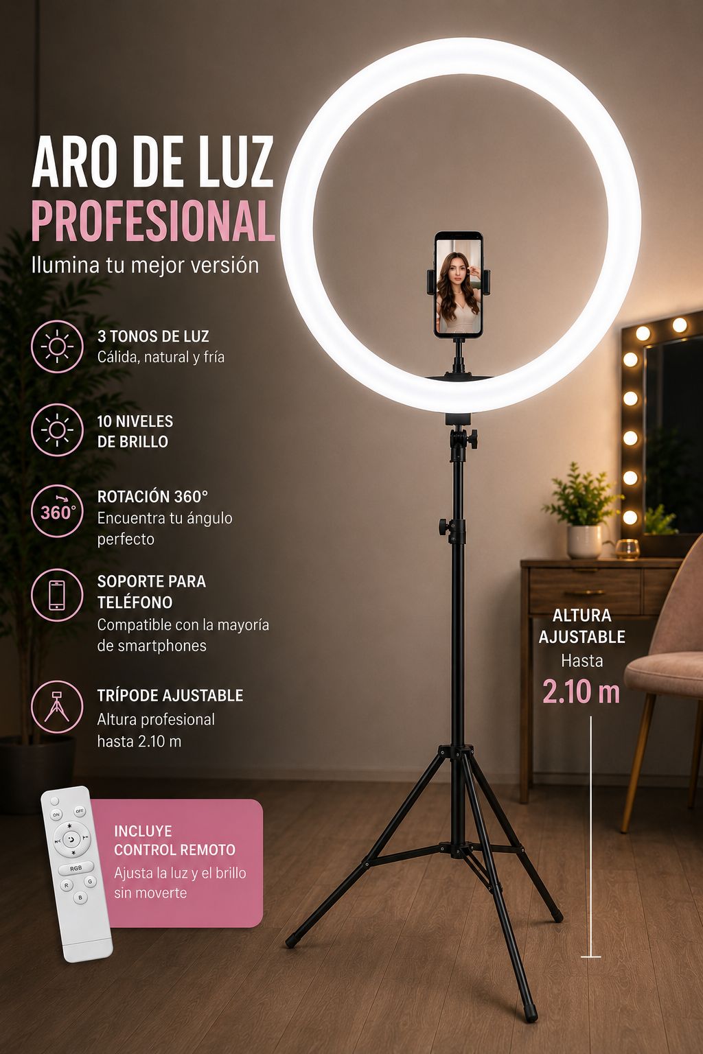 ARO DE LUZ PROFESIONAL CON TRÍPODE GRANDE