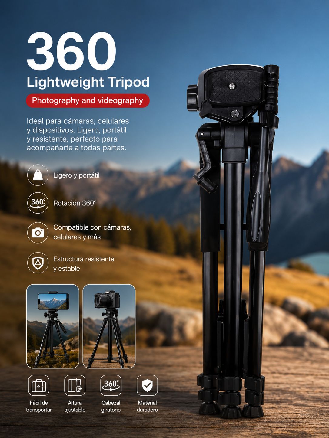 TRÍPODE PROFESIONAL 360° PARA CELULAR Y CÁMARA
