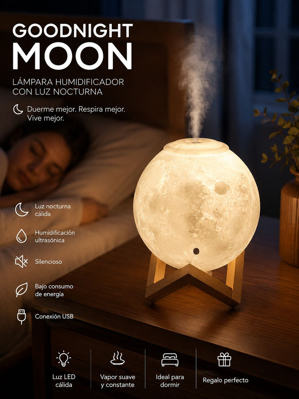 LÁMPARA LUNA 3D CON HUMIDIFICADOR