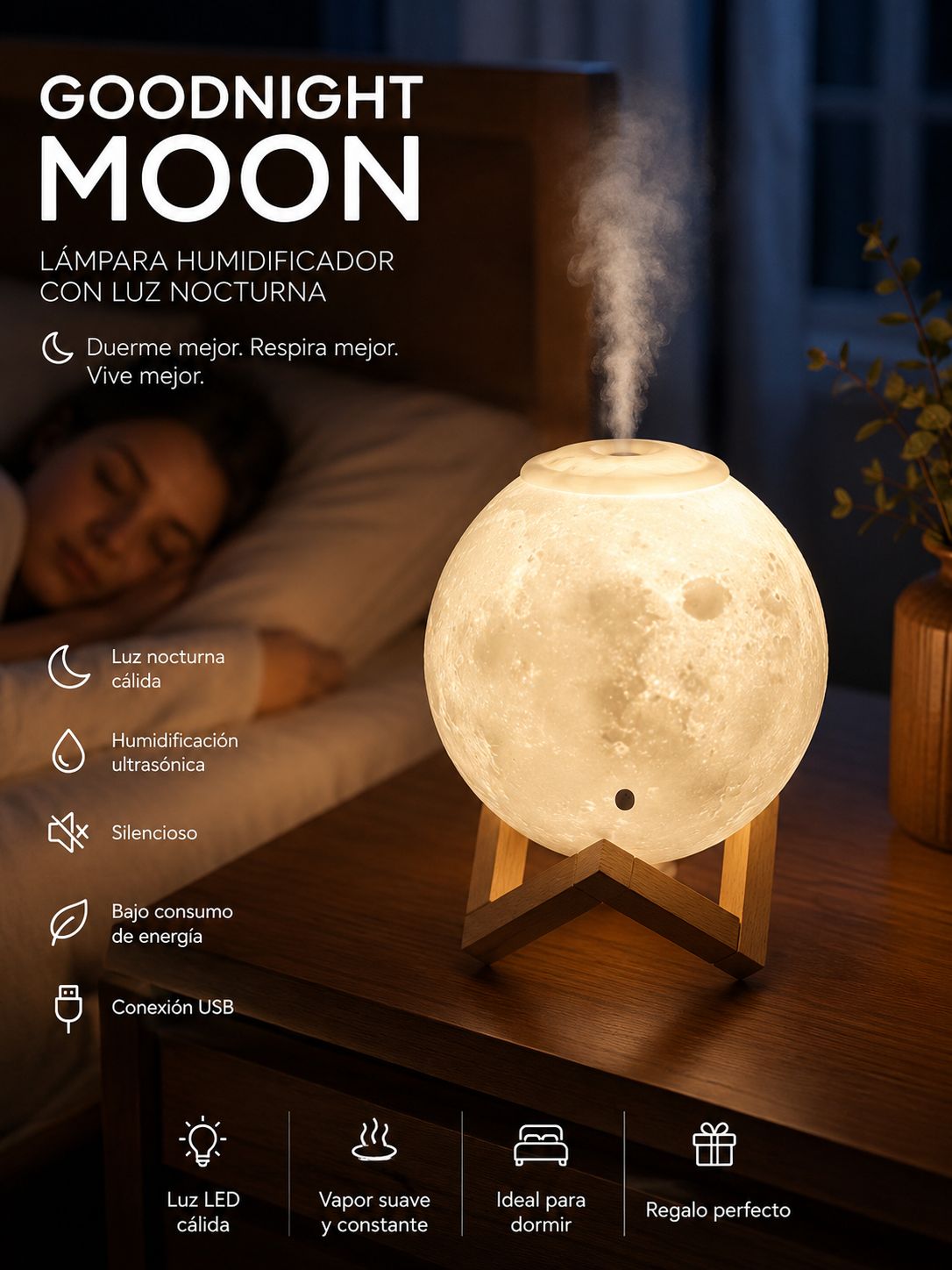 LÁMPARA LUNA 3D CON HUMIDIFICADOR