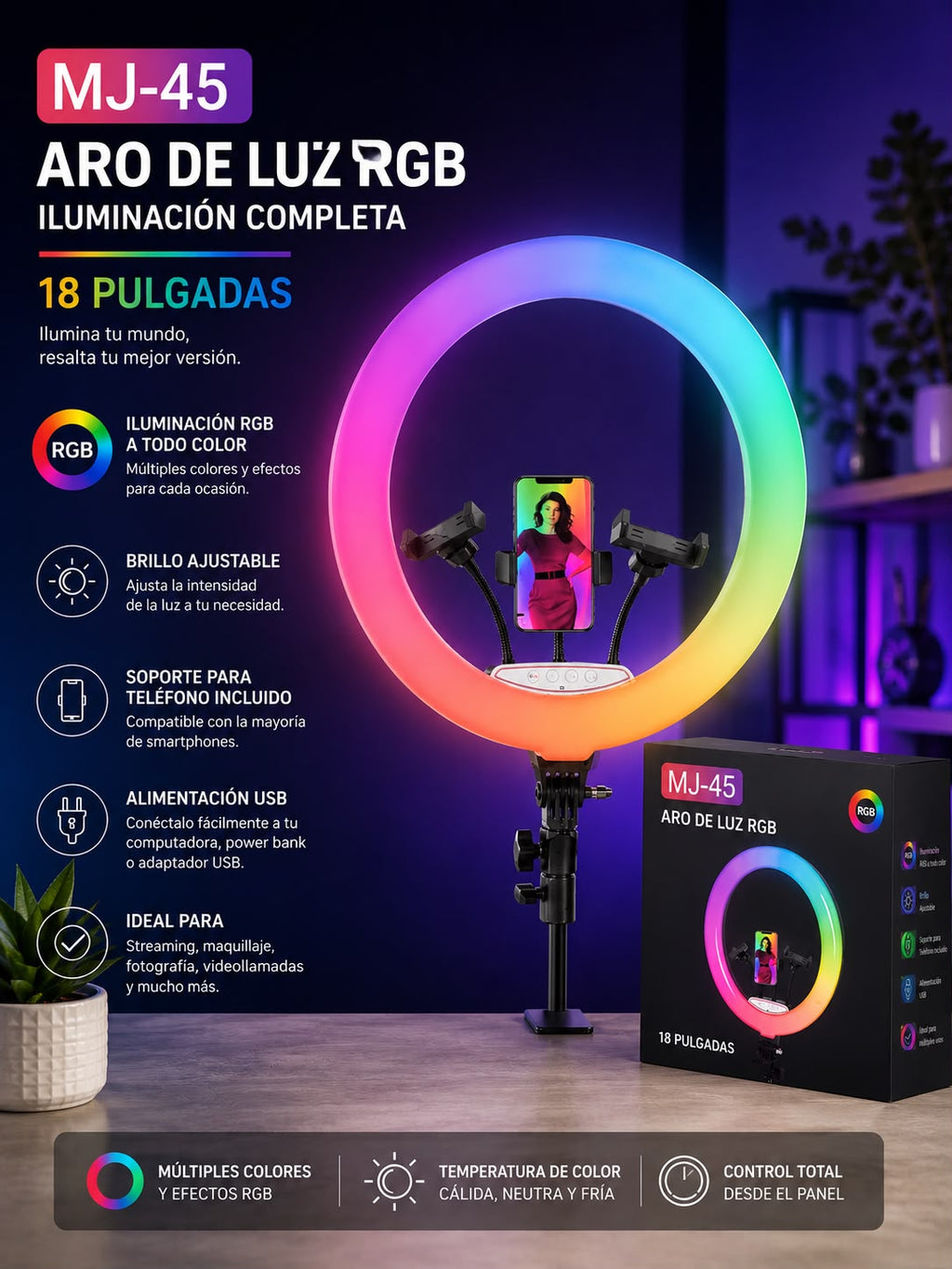 ARO DE LUZ RGB MJ-45 – 18 PULGADAS E8N4
