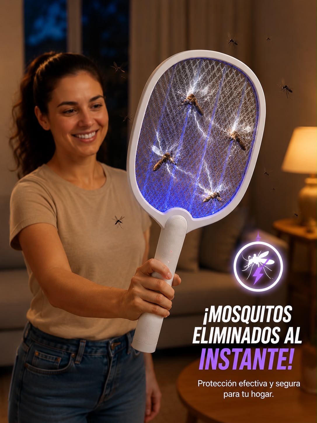 RAQUETA ANTIMOSQUITOS CON BASE. E3N2