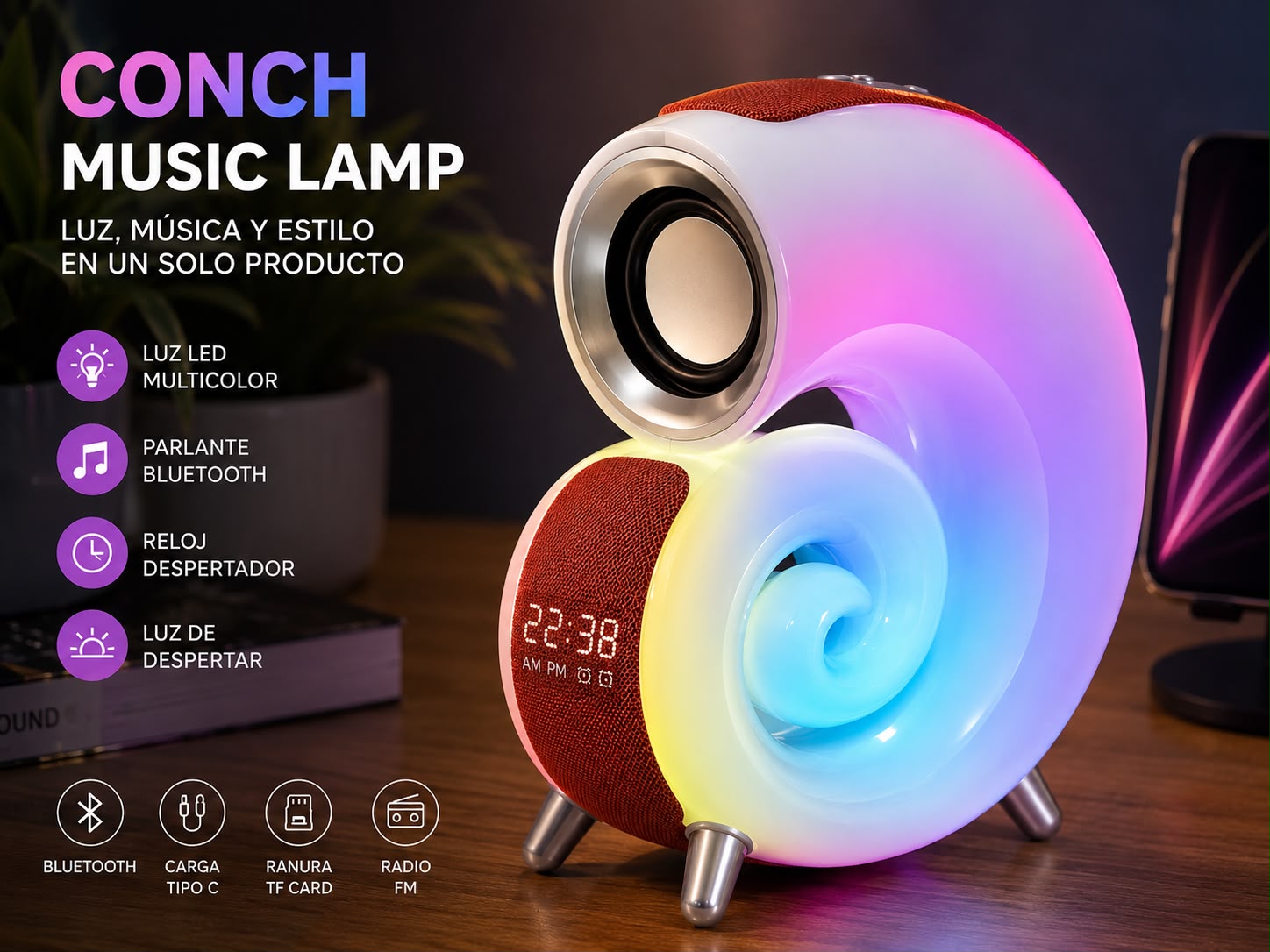 LÁMPARA MUSICAL BLUETOOTH CONCH MUSIC LAMP. E8N3