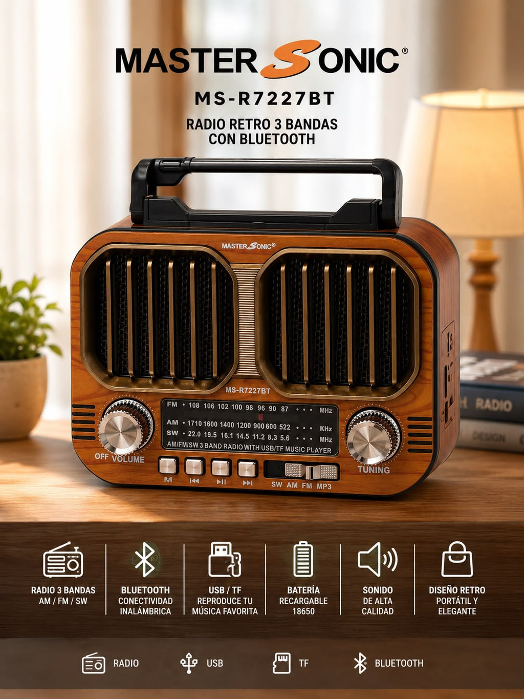 RADIO RETRO BLUETOOTH MASTER SONIC MS-R7227BT. E5N2