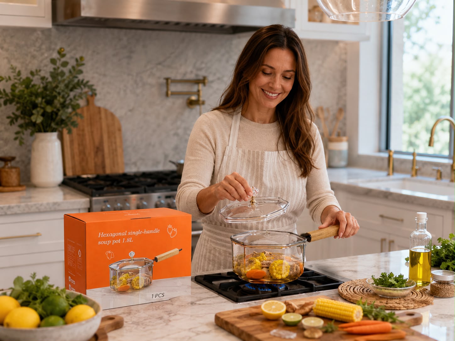 OLLA DE VIDRIO HEXAGONAL CON MANGO – 1.8 LITROS