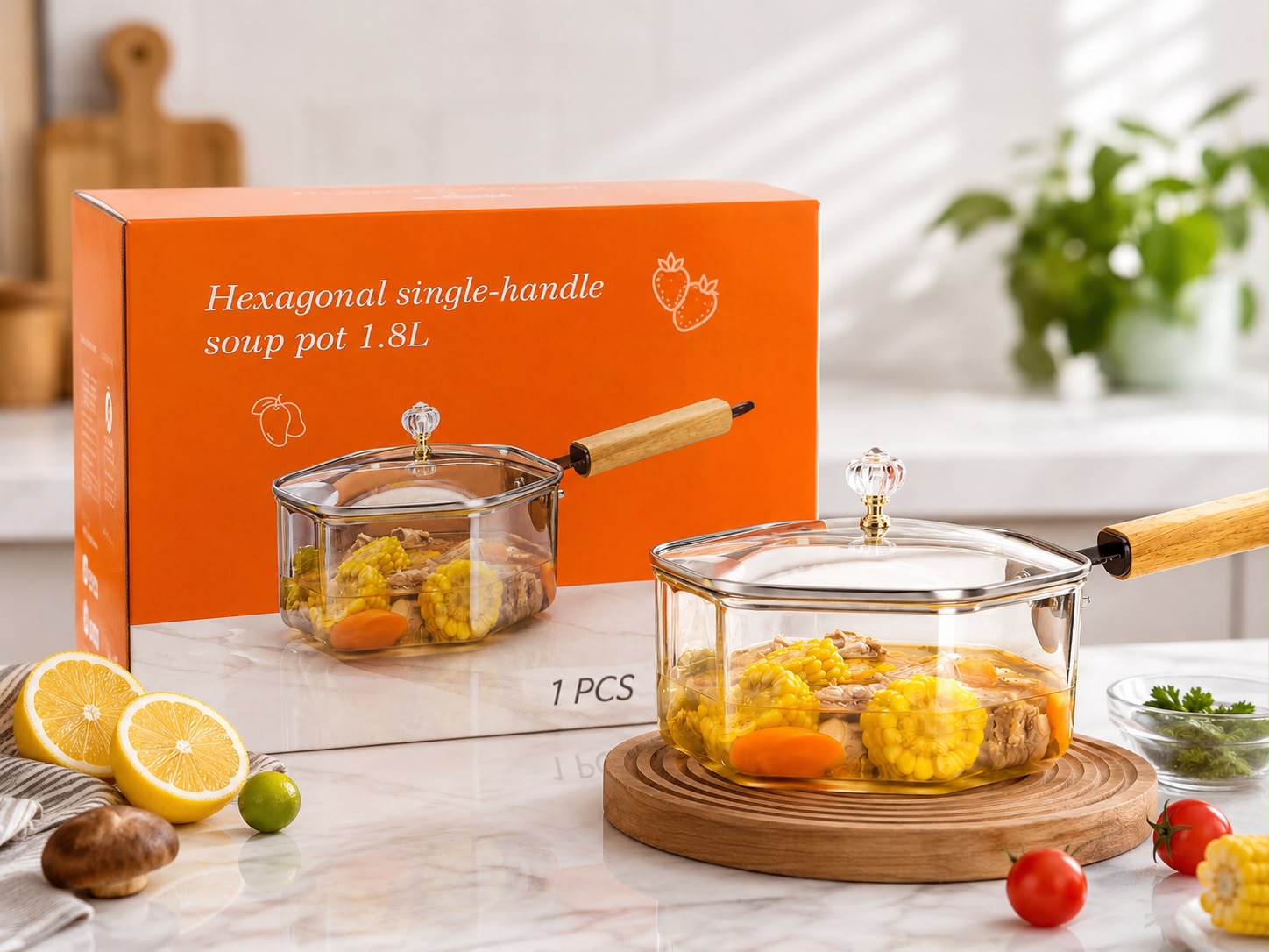 OLLA DE VIDRIO HEXAGONAL CON MANGO – 1.8 LITROS