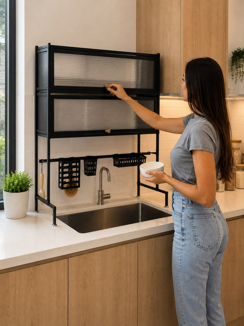Organizador Escurridor de Cocina de 2 Niveles con Tapa Acrílica✨