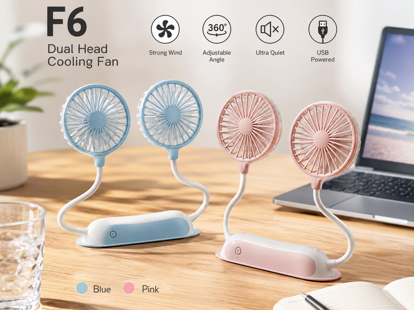 Ventilador Doble de Cuello Recargable F6. E5N3
